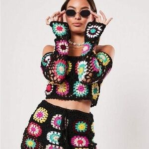 **NEVER WORN** missguided crochet patchwork bardot top and skirt co ord